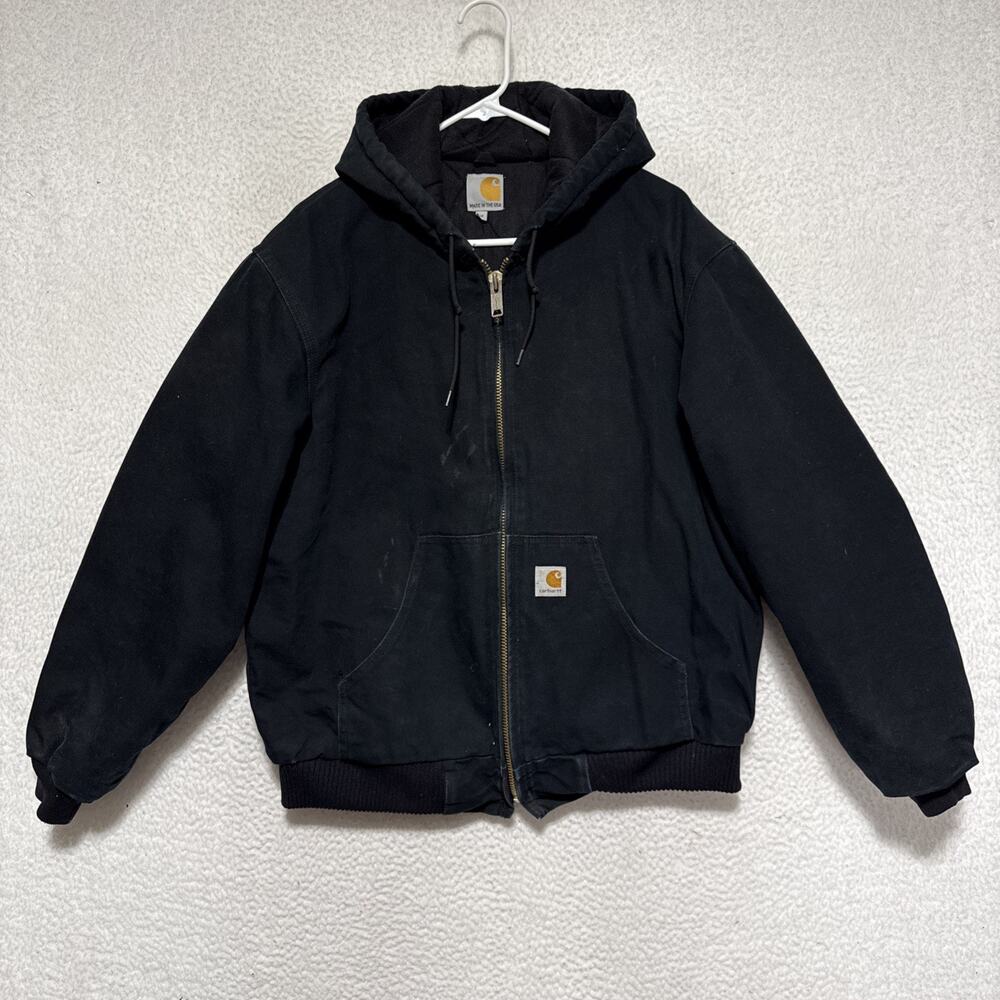Carhartt Jacket Mens SZ M Black Hooded Canvas Bomber Workwear Made USA J140 BLK